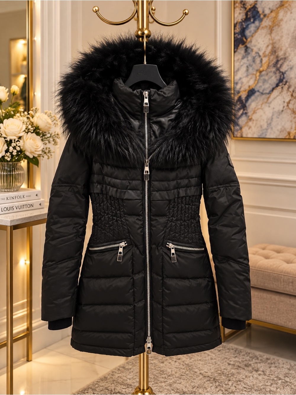 Women’s Black Quilted Fur-Trim Puffer Coat